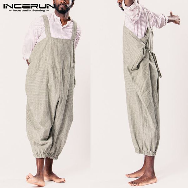 

incerun fashion men overalls striped pants straps loose women jumpsuit streetwear pockets wide leg trousers men rompers s-5xl, Black