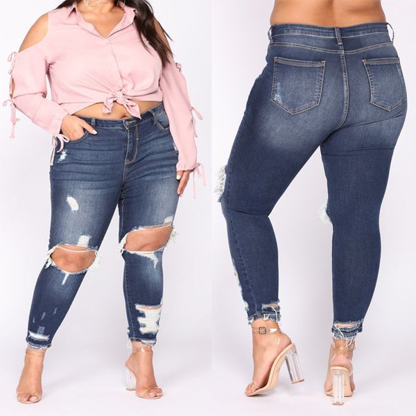 

2019 new style europe and america wish extra large with holes cowboy skinny pants washing cat scratch fatty women's p, Blue