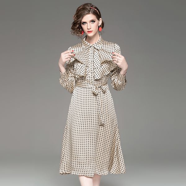 

2020 spring new women's geometric print dress with ruffles and waistband