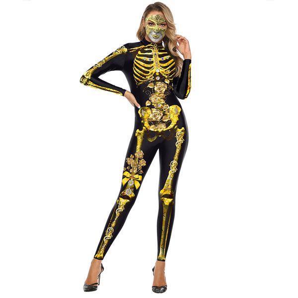 

scary long sleeve stand collar soft party women jumpsuit skeleton print fitness club halloween 3d cosplay slim elastic, Black;red