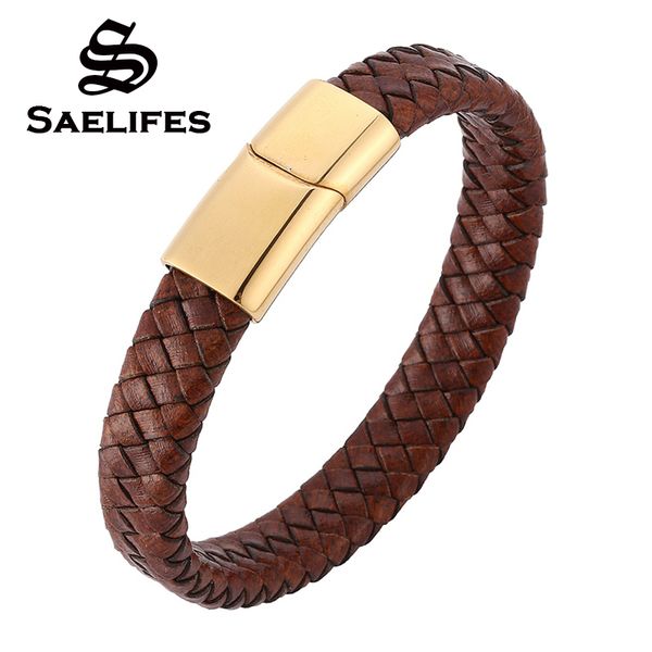 

fashion brown braided leather bracelet men jewelry gold stainless steel magnetic buckle bangle charm male wrist band gift pb0232, Golden;silver