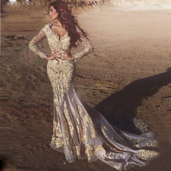 

изысканный кружева аппликация свадебные платья said mhamad v-образным вырезом see through длинным рукавом свадебное платье русалка органзы с, White