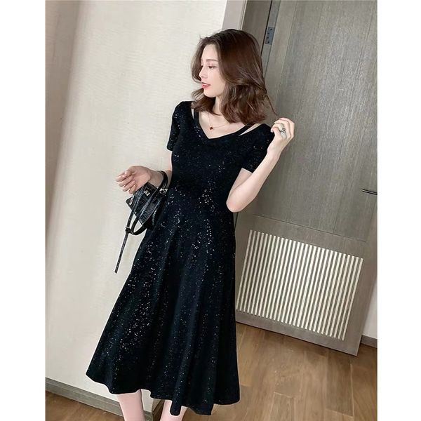 

2020 summer korean style women dress sequins a-line ladies vestidos black dress elegant robe plus size 4xl dresses clothing, Black;gray