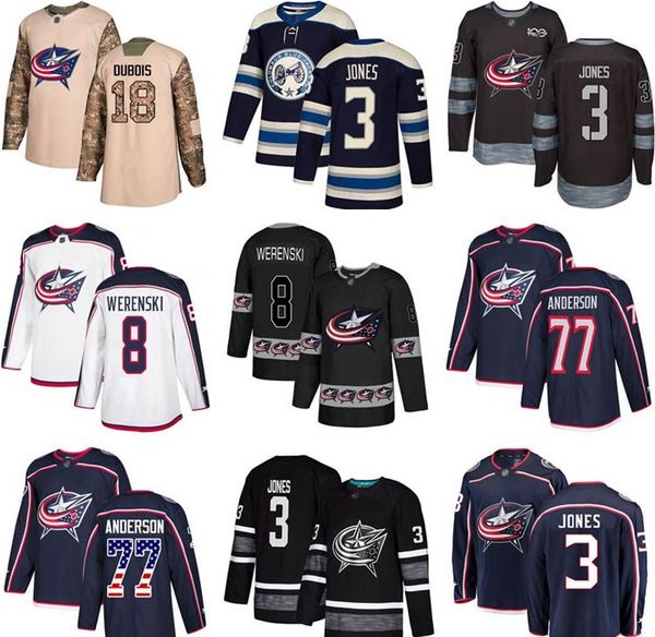 

пользовательские колумбус блю джекетс джерси 13 cam аткинсон 18 пьер-люк дюбуа 3 сет джонс 8 зак уэренски 77 джош андерсон флаг сша хоккей, Black;red