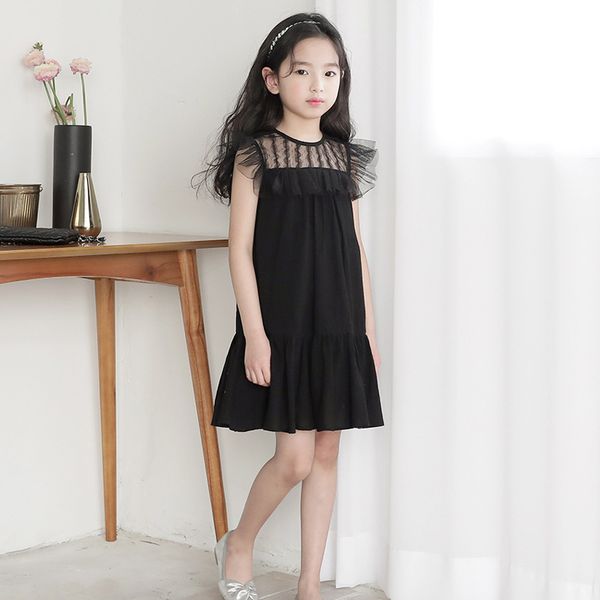 

new 2020 summer kids teenager girls cute mesh dress sweet princess dresses children o-neck black lace party frocks, Red;yellow