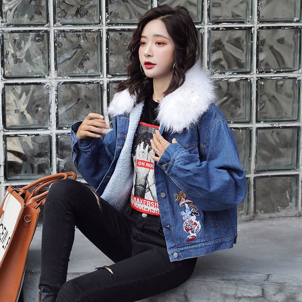 

p shoot 2019 new style autumn and winter fashion loose fur collar lambs wool brushed and thick cowboy cotton-padded clothes, Blue;black