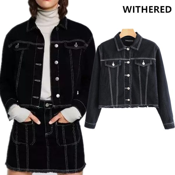 

увядшие хай-стрит открытая швейная нить однобортный джинсовый жакет женский casaco feminino jaqueta feminina назад джинсовый жакет, Black;brown