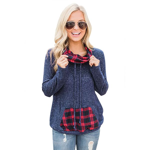 

aiyigu women plaid sweatshirts ladies casual scarf collar trendy hoodies leisure fashion patchwork streetwear with front pockets, Black