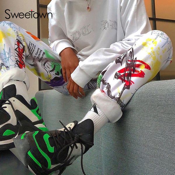 

sweetown graffiti baggy cargo pants women jogger sweatpants casual pockets elastic high waist trousers female hip hop streetwear, Black;white