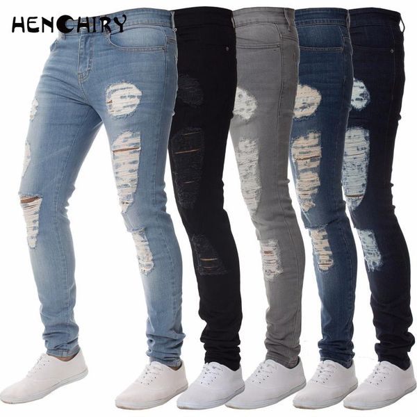 

2020 latest fashion streetwear men's jeans retro distressed skinny ripped punk stretch pants high street men's hip hop jeans, Blue
