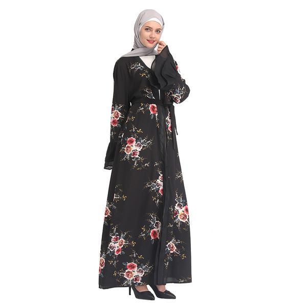 2019 New Design Floral Printing Women Muslim Dress Chiffon Kaftan Women Open Abaya With Belt Islamic Clothing