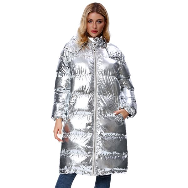

l77street liizi winter thick tooded shiny woman winter jacket silver long over-the-knee versatile cotton coat, Black