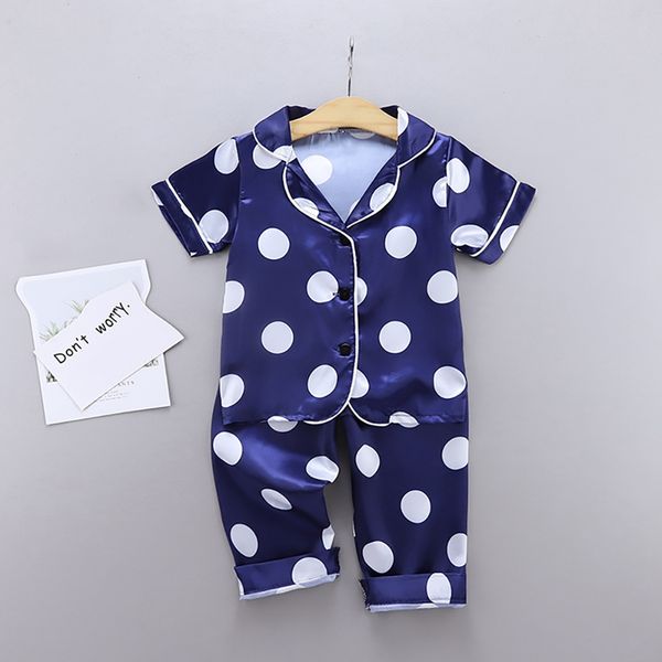 

autumn baby pajamas kids girls boys clothes wave point print sleepwear set short sleeve blouse +night pants 2pcs, Blue;red