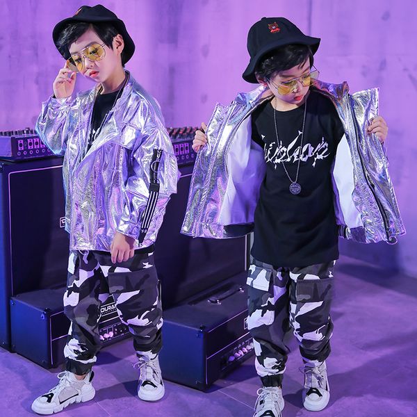 

boys jazz dancing costumes clothing cotton thick kids hip hop dance clothes camouflage pants modern children's loose pu jacket, Black;red