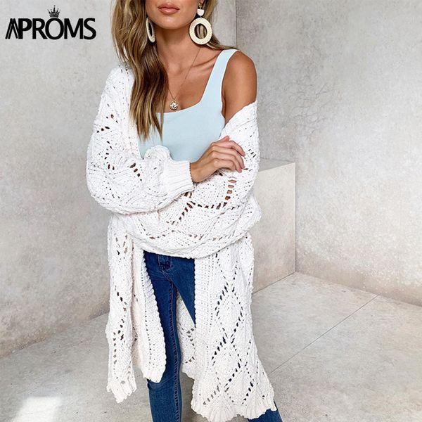 

aproms casual v neck knitted long cardigans women autumn winter pink hollow out cardigan jumper plus size ladies sweaters coats, White