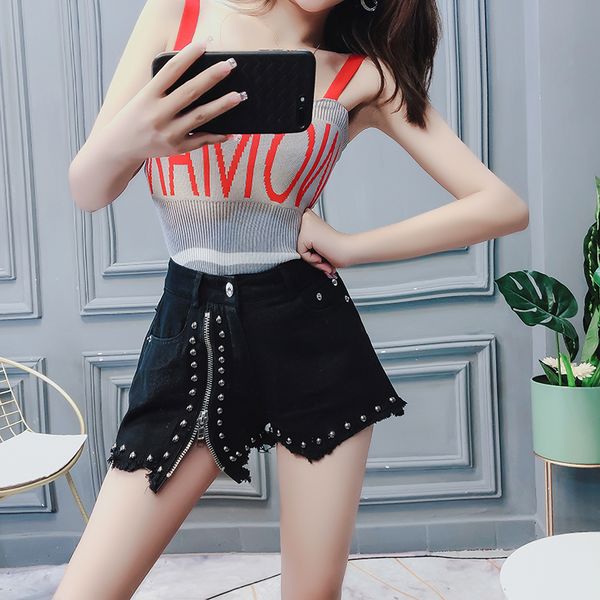 

high waist irregular denim women shorts rivet zipper tassel women short pants casual loose wide leg denim pants, White;black
