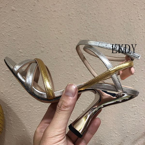 

2019 lkdy luxury gold stitching silver leather fish mouth high heel sandals straps crystal diamond buckle party wedding shoes, Black