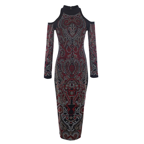

fashion 2019 baroque designer dress women's long sleeve shoulder hollow out colorful diamonds beading dress, Black;gray