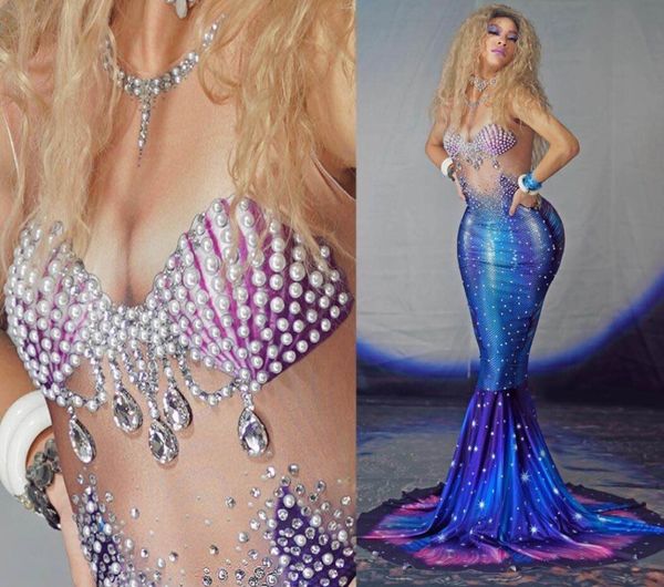 

glitter crystal pearls long mermaid prom dresses 2020 illusion blue african evening formal dress black girl gala dress