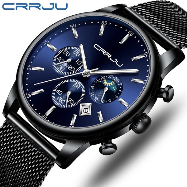 

crrju luxury men multifunction watches waterproof reloj hombre business casual quartz date wrist watch male mesh strap clock, Slivery;brown
