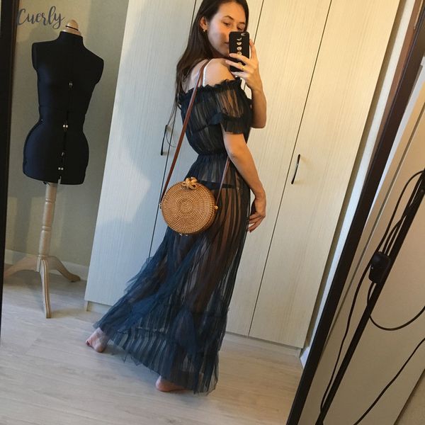 

s 3xl 7 color off shoulder sheer mesh maxi dress long women summer dress see frill night club party dress w77, Black;gray