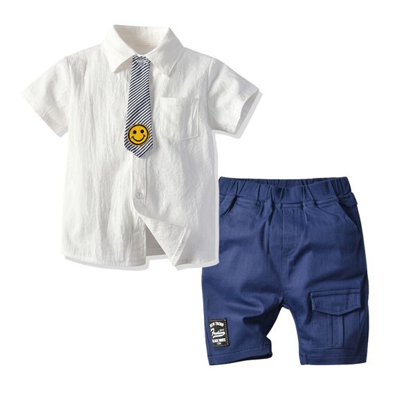 

children's shirt children's set boys striped smiley tie cardigan casual shorts two pieces set shirt shirt and shorts, White