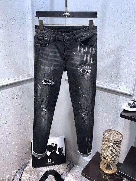 

r mens jeans skinny with slim elastic denim fashion bike luxury jeans men pants ripped hole jean for men plus size 29-40, Blue