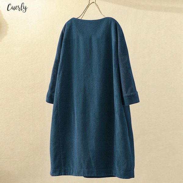 

women corduroy dress vintage solid pockets button long sleeve dress loose casual female o neck plus size  5xl dresses vestidos, Black;gray