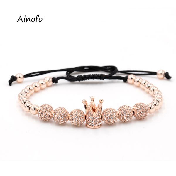 

ainofo fashion zircon bracelets men jewelry cubic micro pave cz crown charm round beads braided bracelet women, Golden;silver