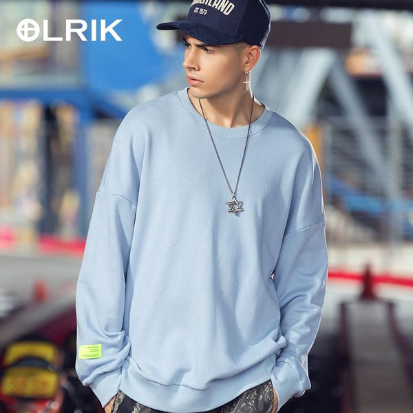 

olrik wear shirt |2019 autumn men's style round collar sweater easy hip-hop trend pure color oversize in clothing male t shirts, Black