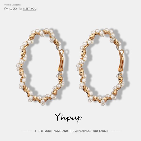

yhpup 2019 elegant hand winding imitation pearls stud earrings for women party wedding fashionable earrings bijoux jewelry, Golden;silver