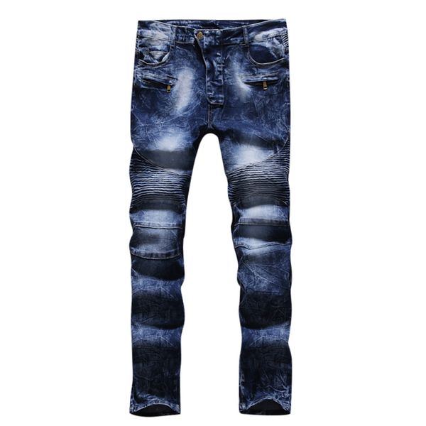 

feitong men's jeans fashion slim holes pleated pocket jeans pants casual mid-waist navy spliced long pants, Blue