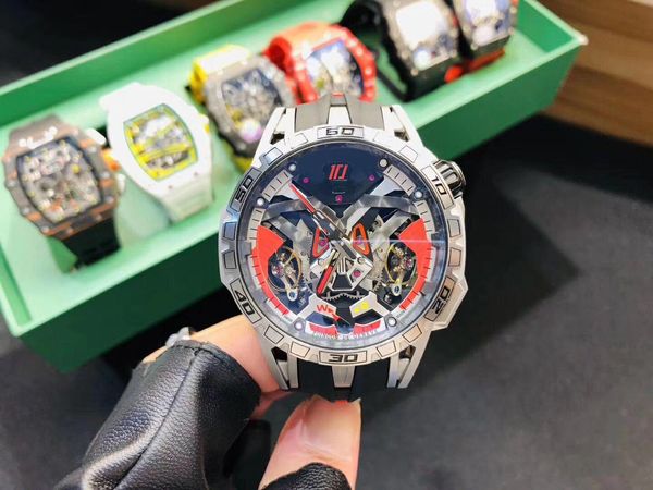 

designer excalibur watches excalibur rddbex0765 skeleton dial japan miyota automatic double tourbillon mens watch red case black rubber stra, Slivery;brown