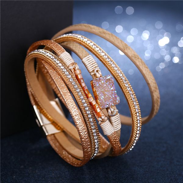 

bohemia leather multilayer women bracelets fashion rhinestone stone charm rope wrap multi layer bangles & bracelets for women, Golden;silver