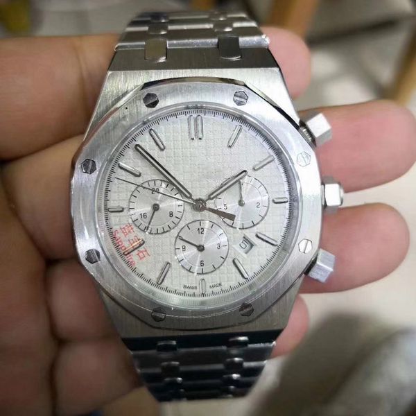 

6-pin automatic watch royal oak small dial work button available men 41mm tick movement false watch clock stainless steel battery, Slivery;brown