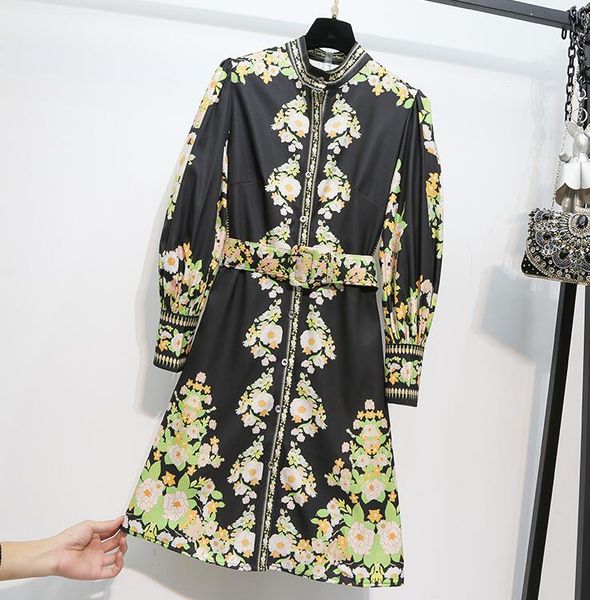 

fashion black single-breasted stand collar flower print shirt dress 2020 spring women lantern sleeve high waist sashes runway party dress, Black;gray