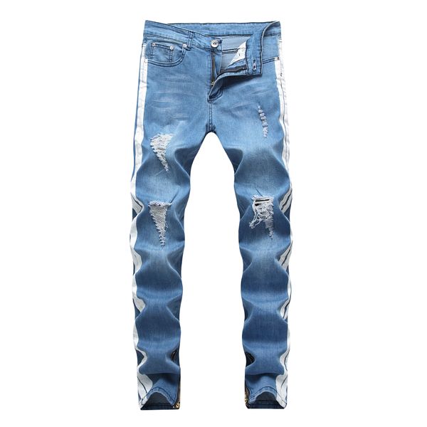 

mens jeans knee hole washed blue ripped distressed motorcycle pants design elastic washed retro high street fashion denim pants