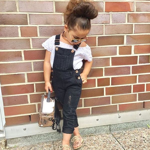 

toddler 2019 kids girls clothes set baby girl kid off shoulder +suspenders denim pants outfits set children clothing, White