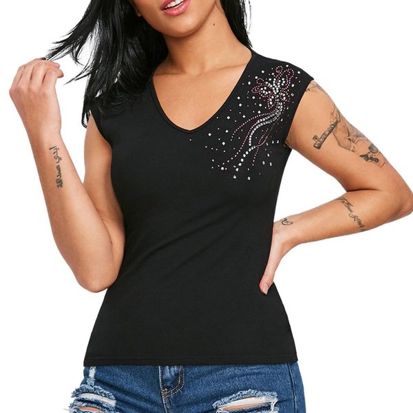 

feitong summer fashion rhinestone women hollow out v-neck tank tee shirt loose cami tank casual sleeveless clothes, White