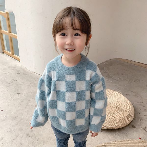 

2019 children grid baby plaid boys sweater autumn winter girls kids sweater children casual boys clothing 1 -6 year, Blue