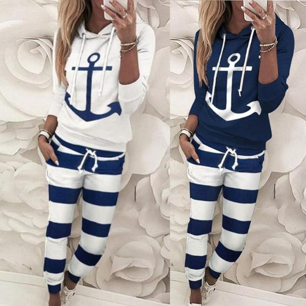 

women 2 pcs running set 2020 spring striped anchor hooded tracksuit workout clothes casual loose sweatshirts joggers suits sport, Black;blue