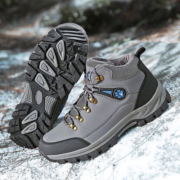 

pu leather men's snow boots outdoor thick rubber sole non-slip winter warm plush shoes comfort male shoes 39-48, Black
