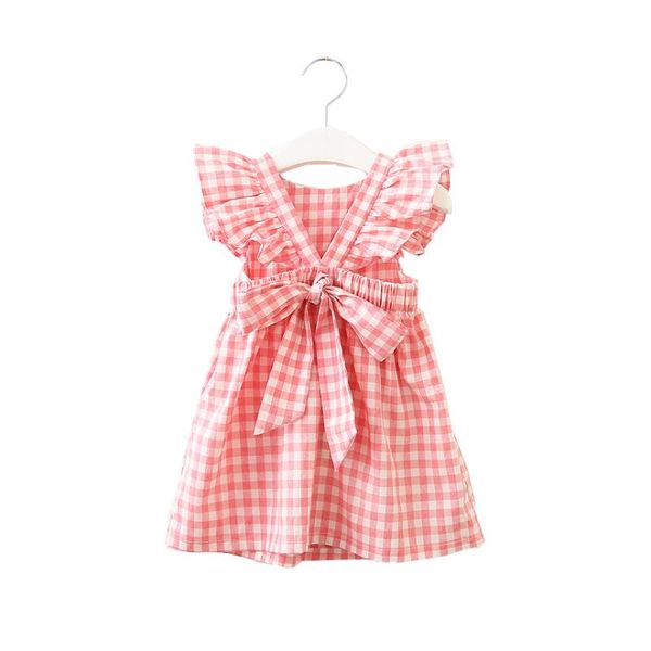 

hurave summer sleeveless plaid baby girl clothes ruffles backless children dress crew neck baby dresses kids clothing, Red;yellow
