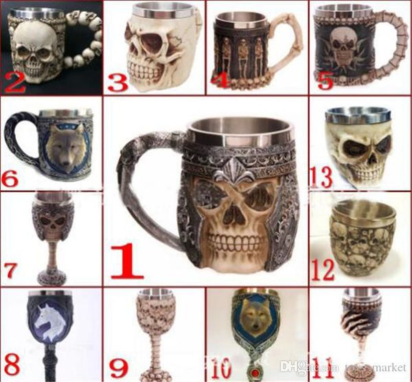 

3d skull mugs coffee cup 13 styles personalized double wall stainless steel skull knight tankard dragon drinking cup tea bottle