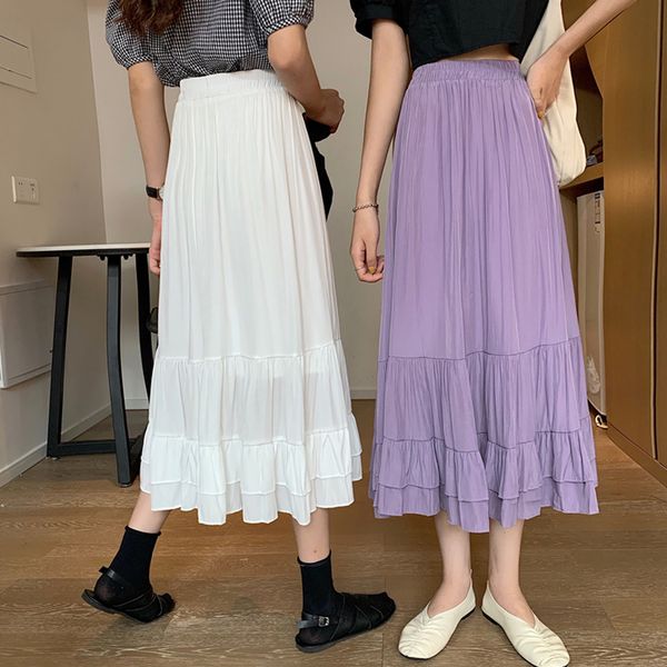 

summer fashion multi-layered long woman skirts elastic waist pleated a-line tiered ruffles midi skirt women purple faldas, Black