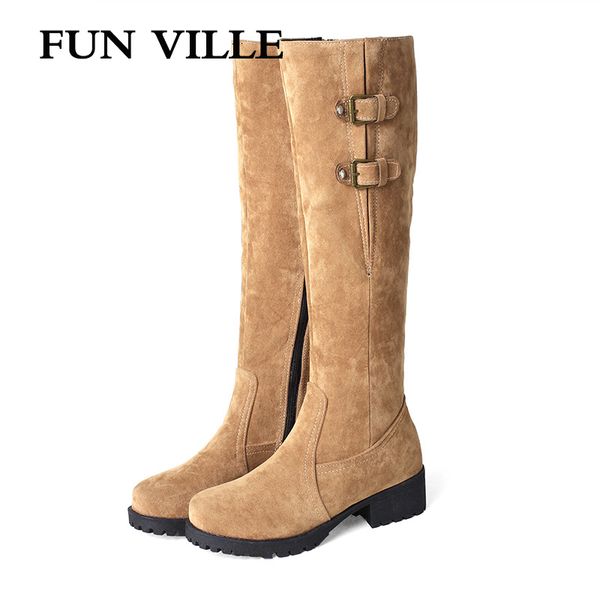 

fun ville 2018 winter suede women knee high boots thick fur warm boots for woman round toe snow female platform shoes, Black