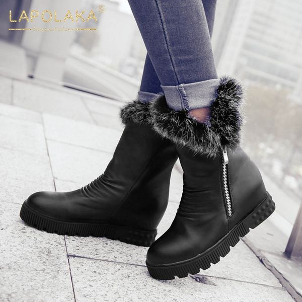 

lapolaka brand new 2020 increasing heels ankle boots woman shoes zip up add fur winter warm shoes women boots female, Black