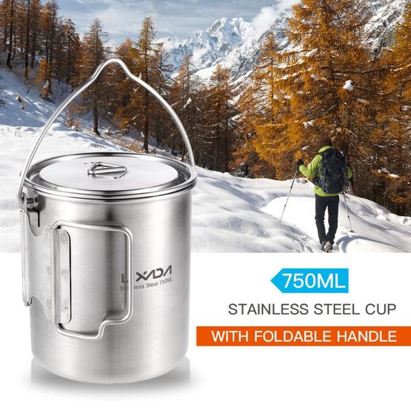 

lixada 750ml stainless steel pot portable water mug cup with lid and foldable handle outdoor camping cooking picnic cup