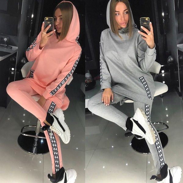 

2019 fashion designer brand loose tracksuit ladies sports hooded sweater pants two-piece sets women sweatshirts hoodies trousers suits, White