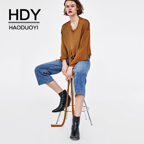 

hdy haoduoyi simple trendy metallic glossy front knot knotted long belt perspective long sleeve crew neck women's sweater, White;black
